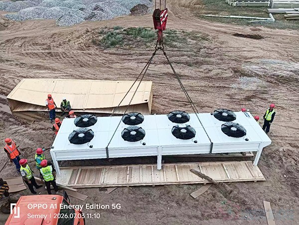 Hoisting of refrigeration equipment at a slaughterhouse and cold storage facility in Kazakhstan.